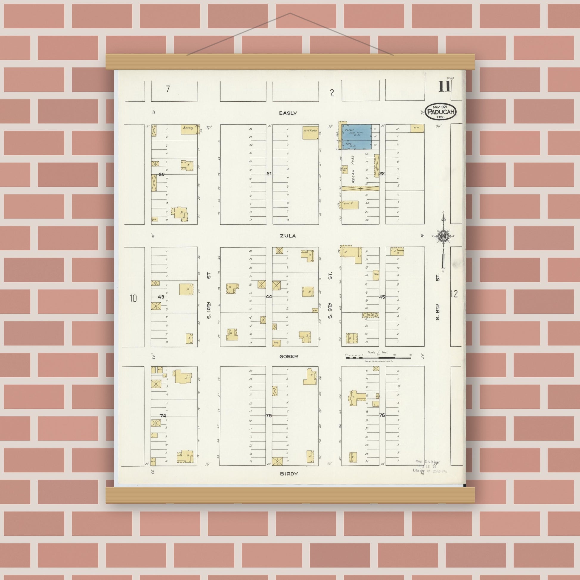 Old map wall art mockup — magnetic wood frame on brick wall — Sanborn Fire Insurance Map from Paducah, Cottle County, Texas (1921), Sheet #0011