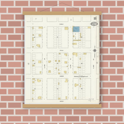 Old map wall art mockup — magnetic wood frame on brick wall — Sanborn Fire Insurance Map from Paducah, Cottle County, Texas (1921), Sheet #0011