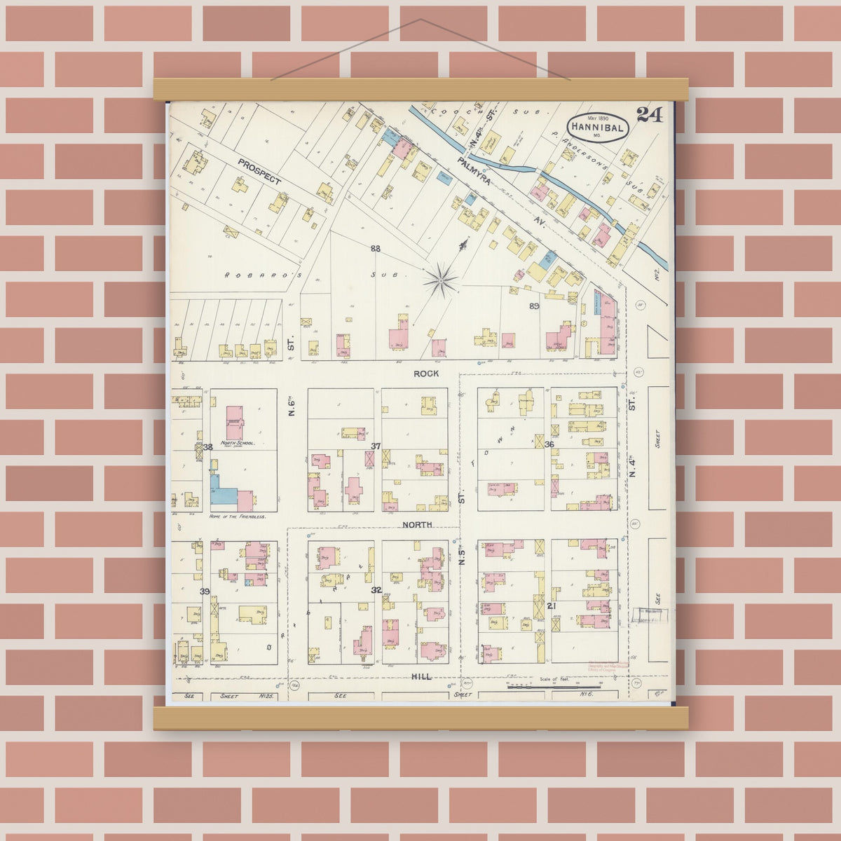 Old map wall art mockup — magnetic wood frame on brick wall — Sanborn Fire Insurance Map from Hannibal, Marion County, Missouri (1890), Sheet #0024