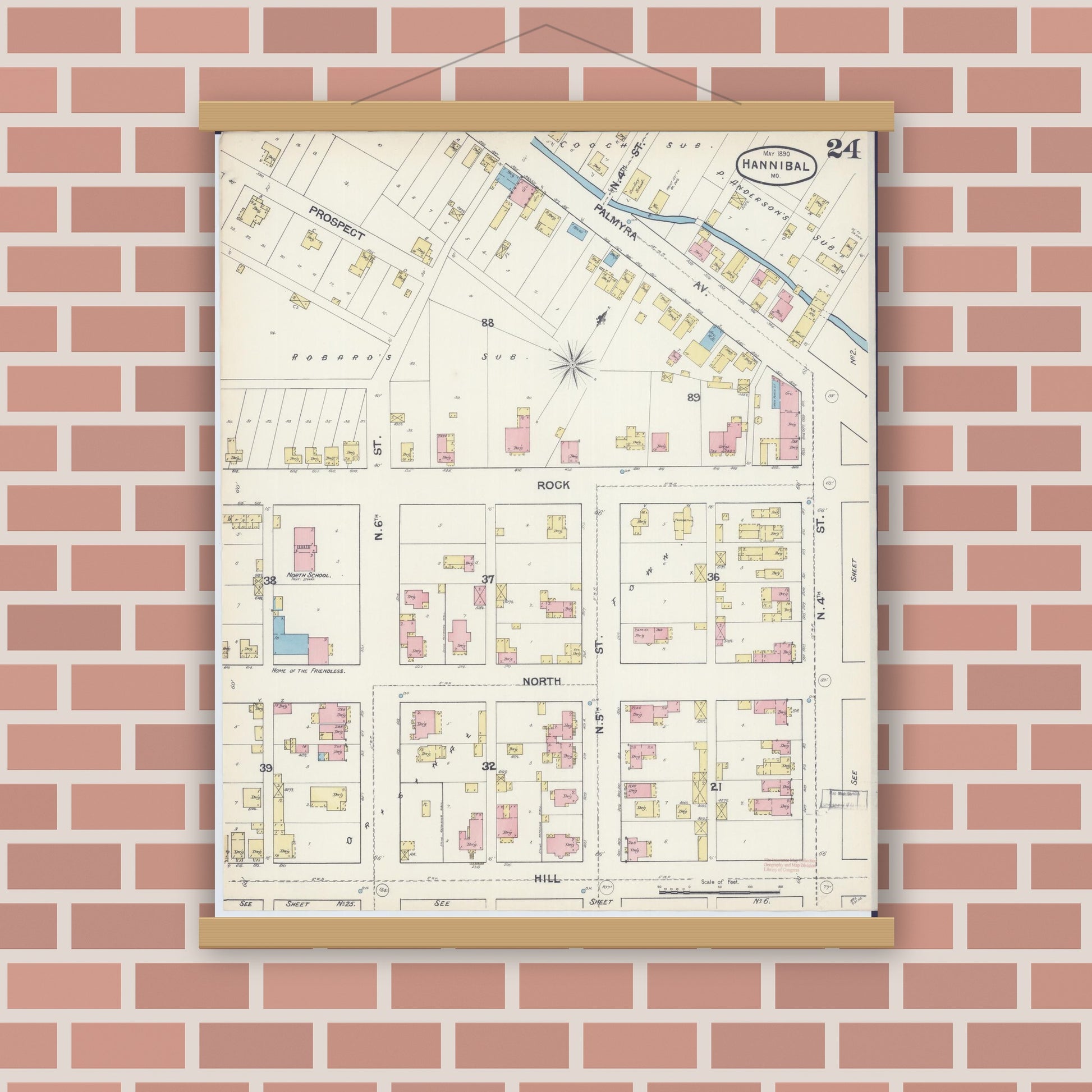 Old map wall art mockup — magnetic wood frame on brick wall — Sanborn Fire Insurance Map from Hannibal, Marion County, Missouri (1890), Sheet #0024