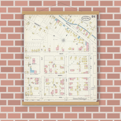 Old map wall art mockup — magnetic wood frame on brick wall — Sanborn Fire Insurance Map from Hannibal, Marion County, Missouri (1890), Sheet #0024