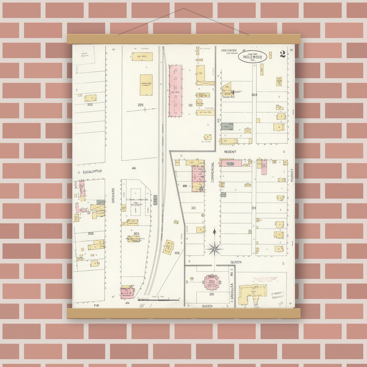 Old map wall art mockup — magnetic wood frame on brick wall — Sanborn Fire Insurance Map from Inglewood, Los Angeles County, California (1907), Sheet #0002