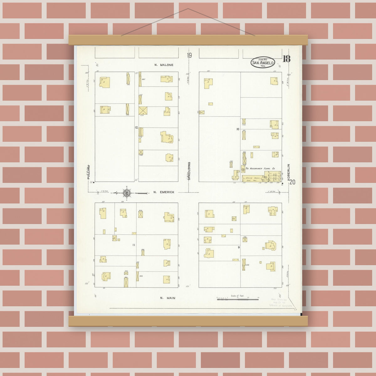 Old map wall art mockup — magnetic wood frame on brick wall — Sanborn Fire Insurance Map from San Angelo, Tom Green County, Texas (1913), Sheet #0018