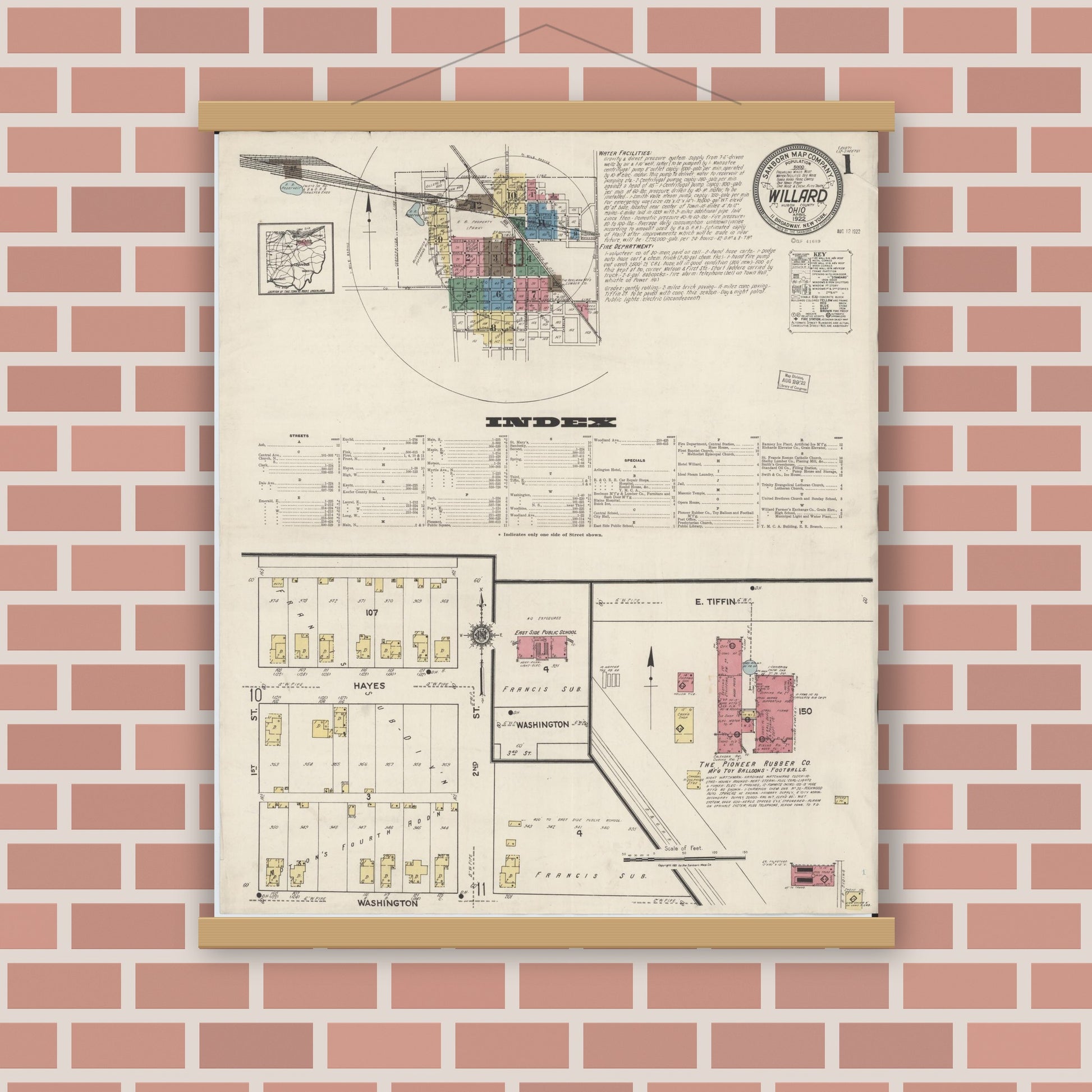 Old map wall art mockup — magnetic wood frame on brick wall — Sanborn Fire Insurance Map from Willard, Huron County, Ohio (1922) - Complete Map Set