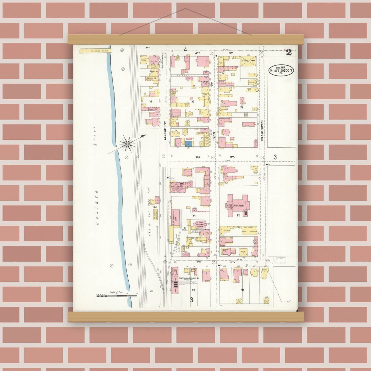 Old map wall art mockup — magnetic wood frame on brick wall — Sanborn Fire Insurance Map from Huntingdon, Huntingdon County, Pennsylvania (1906), Sheet #0002