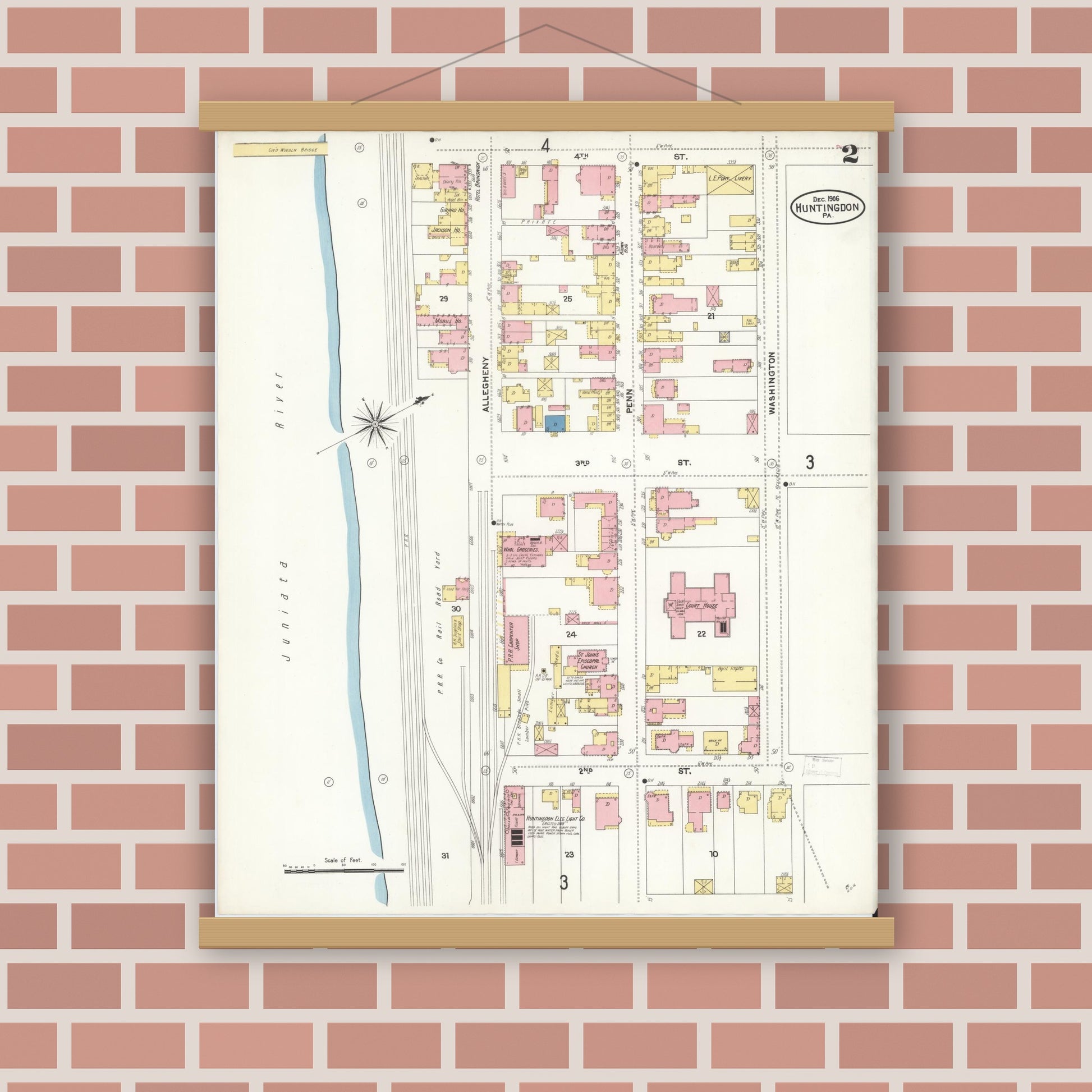 Old map wall art mockup — magnetic wood frame on brick wall — Sanborn Fire Insurance Map from Huntingdon, Huntingdon County, Pennsylvania (1906), Sheet #0002