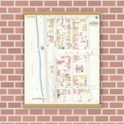 Old map wall art mockup — magnetic wood frame on brick wall — Sanborn Fire Insurance Map from Huntingdon, Huntingdon County, Pennsylvania (1906), Sheet #0002