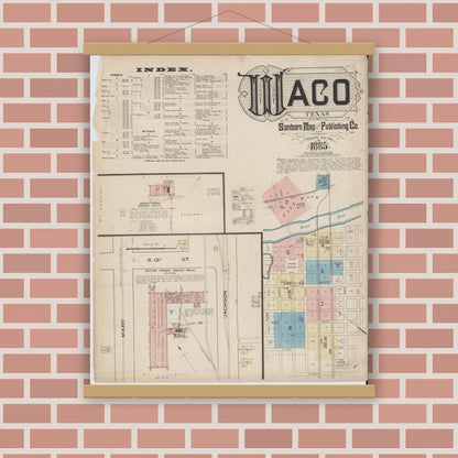 Old map wall art mockup — magnetic wood frame on brick wall — Sanborn Fire Insurance Map from Waco, McLennan County, Texas (1885) - Complete Map Set
