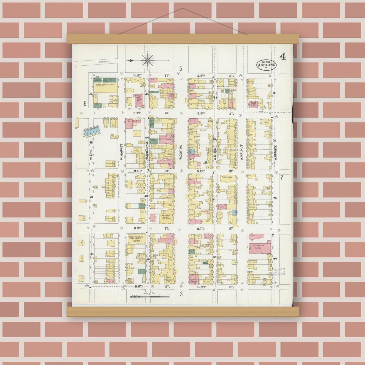 Old map wall art mockup — magnetic wood frame on brick wall — Sanborn Fire Insurance Map from Ashland, Schuylkill County, Pennsylvania (1902), Sheet #0004