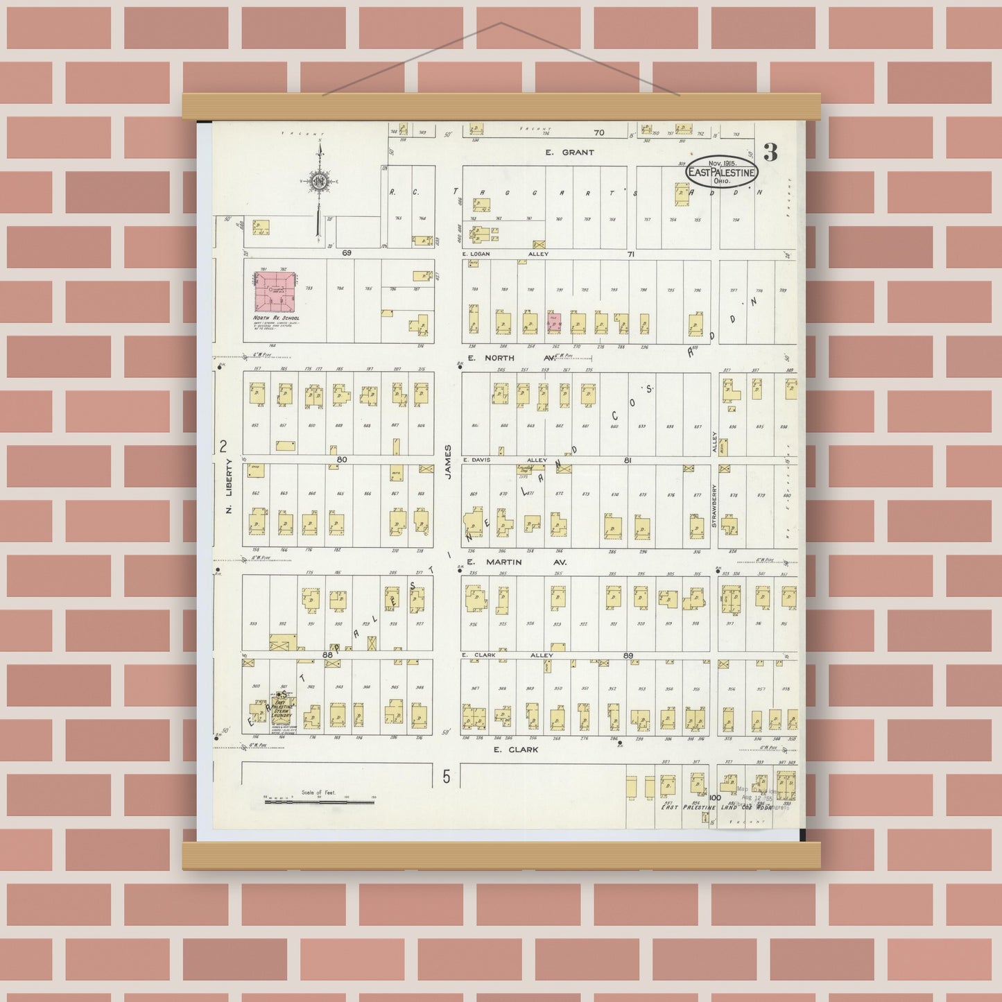 Old map wall art mockup — magnetic wood frame on brick wall — Sanborn Fire Insurance Map from East Palestine, Columbiana County, Ohio (1915), Sheet #0003