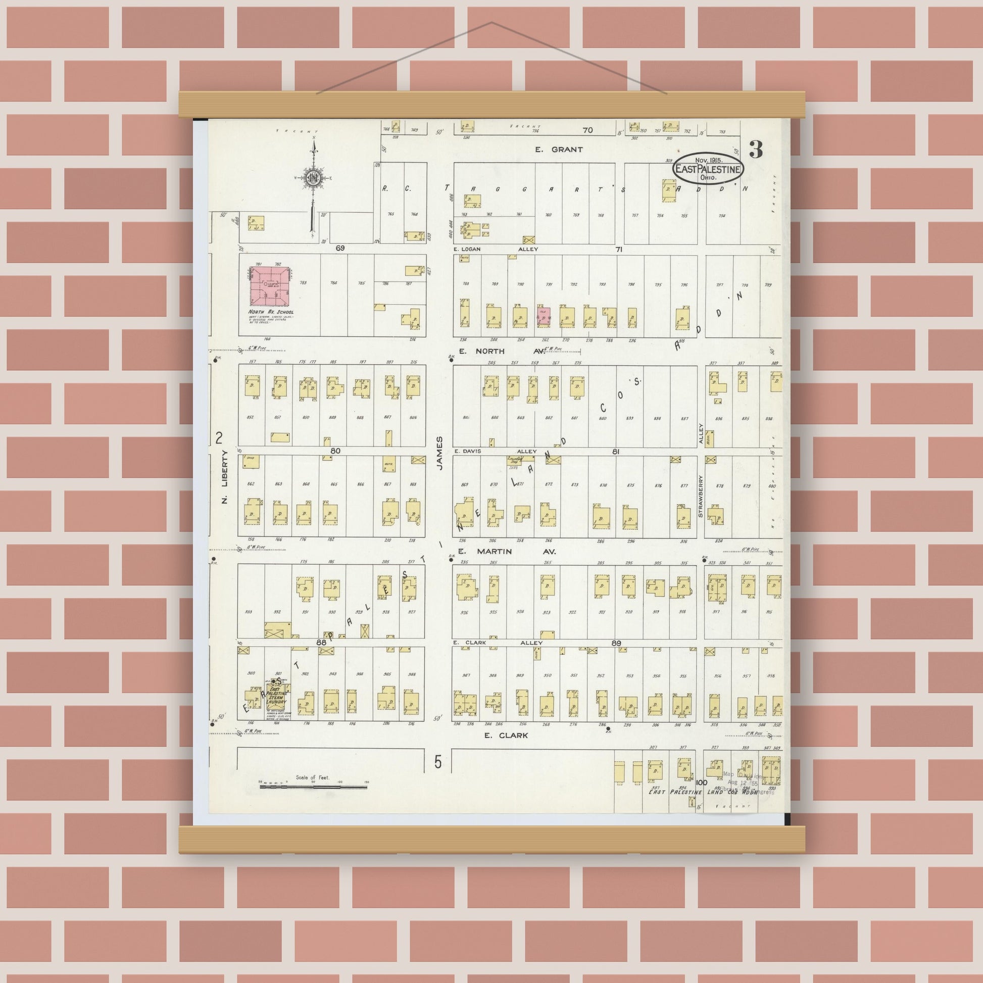 Old map wall art mockup — magnetic wood frame on brick wall — Sanborn Fire Insurance Map from East Palestine, Columbiana County, Ohio (1915), Sheet #0003