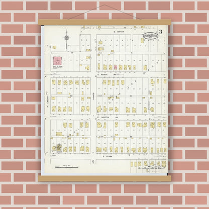 Old map wall art mockup — magnetic wood frame on brick wall — Sanborn Fire Insurance Map from East Palestine, Columbiana County, Ohio (1915), Sheet #0003