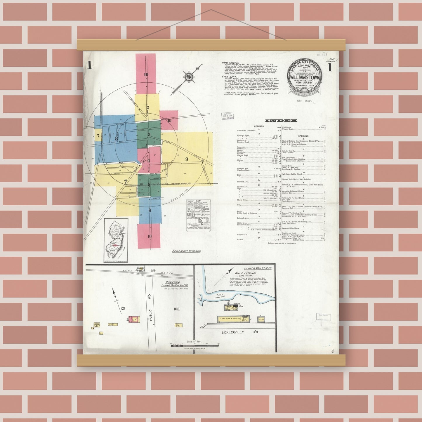 Old map wall art mockup — magnetic wood frame on brick wall — Sanborn Fire Insurance Map from Williamstown, Gloucester County, New Jersey (1923), Sheet #0001