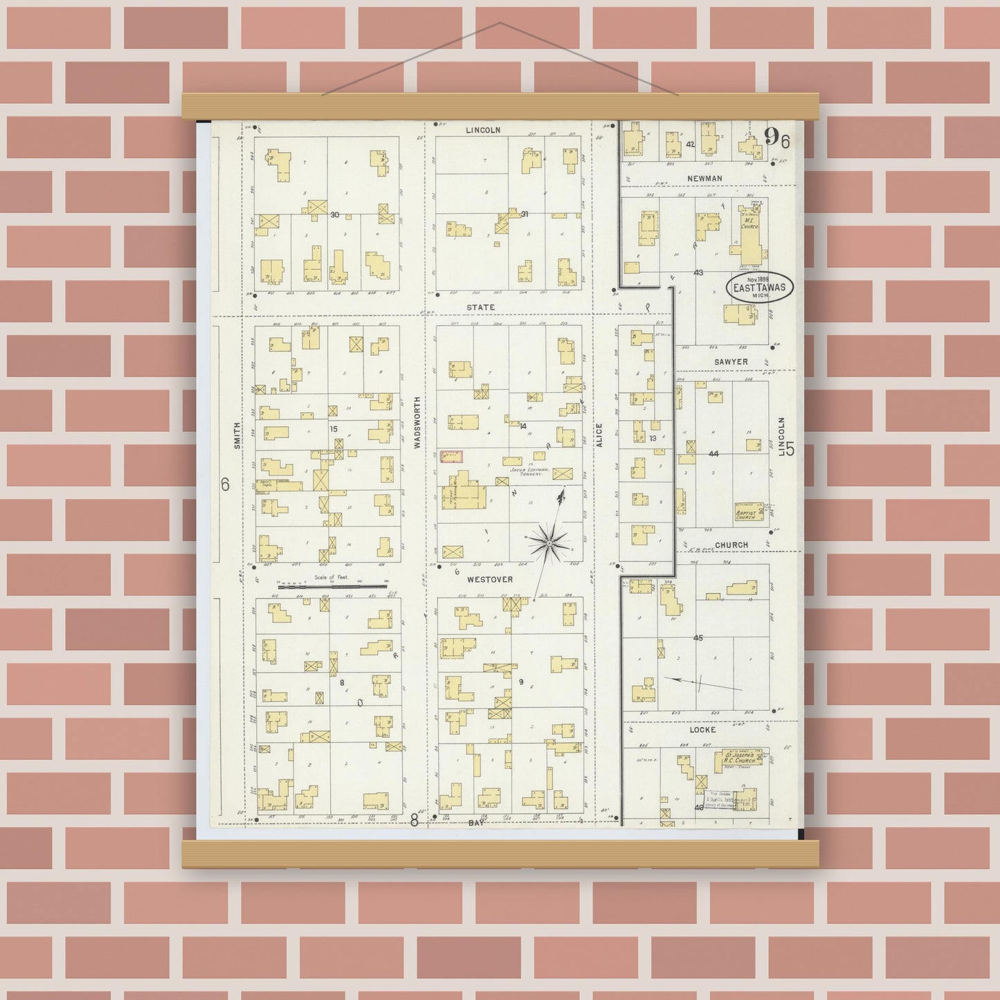 Old map wall art mockup — magnetic wood frame on brick wall — Sanborn Fire Insurance Map from East Tawas, Iosco County, Michigan (1898), Sheet #0009
