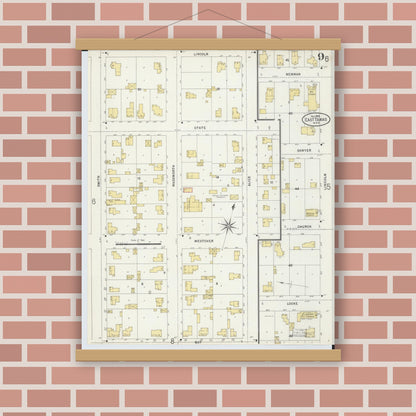 Old map wall art mockup — magnetic wood frame on brick wall — Sanborn Fire Insurance Map from East Tawas, Iosco County, Michigan (1898), Sheet #0009