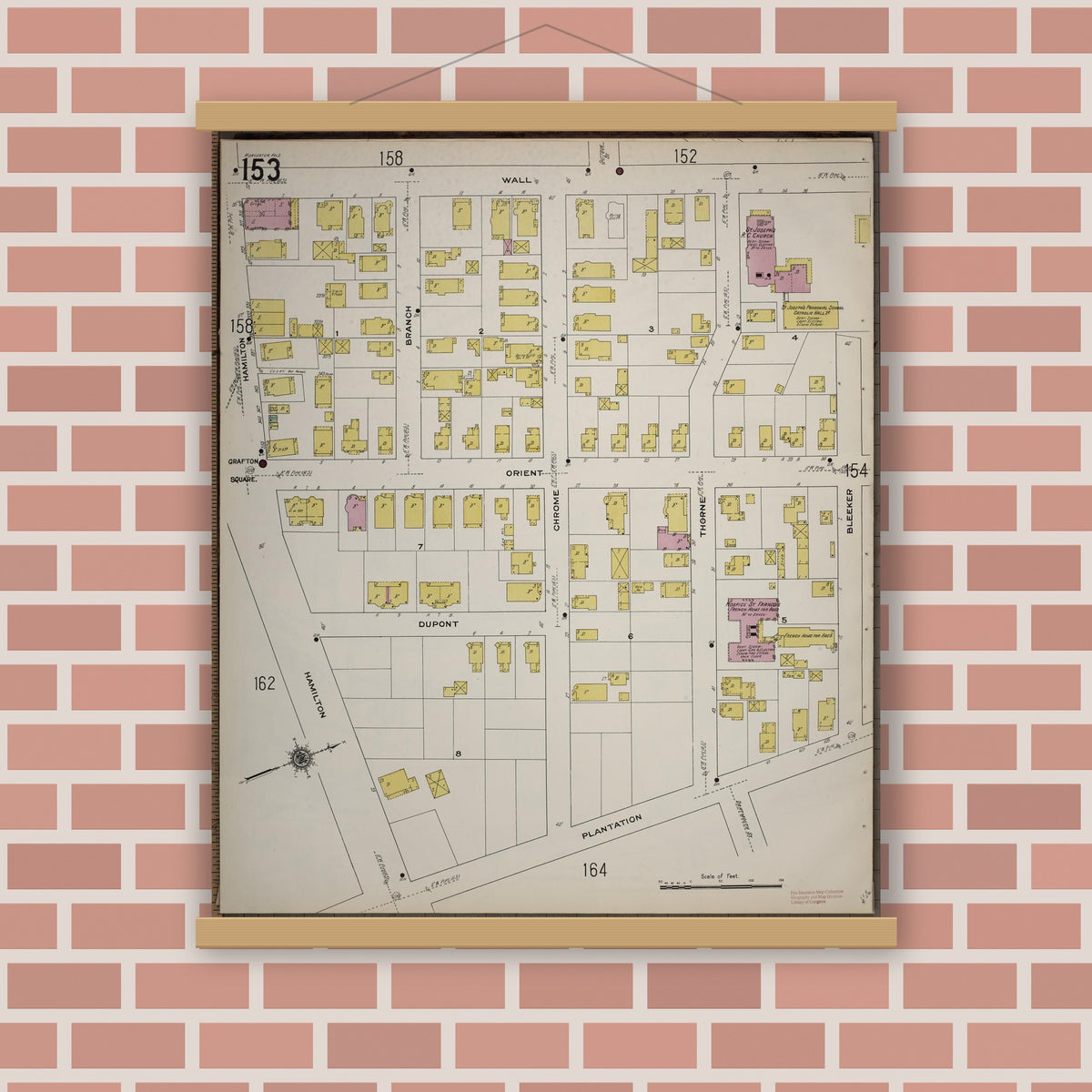 Old map wall art mockup — magnetic wood frame on brick wall — Sanborn Fire Insurance Map from Worcester, Worcester County, Massachusetts (1910), Sheet #0153