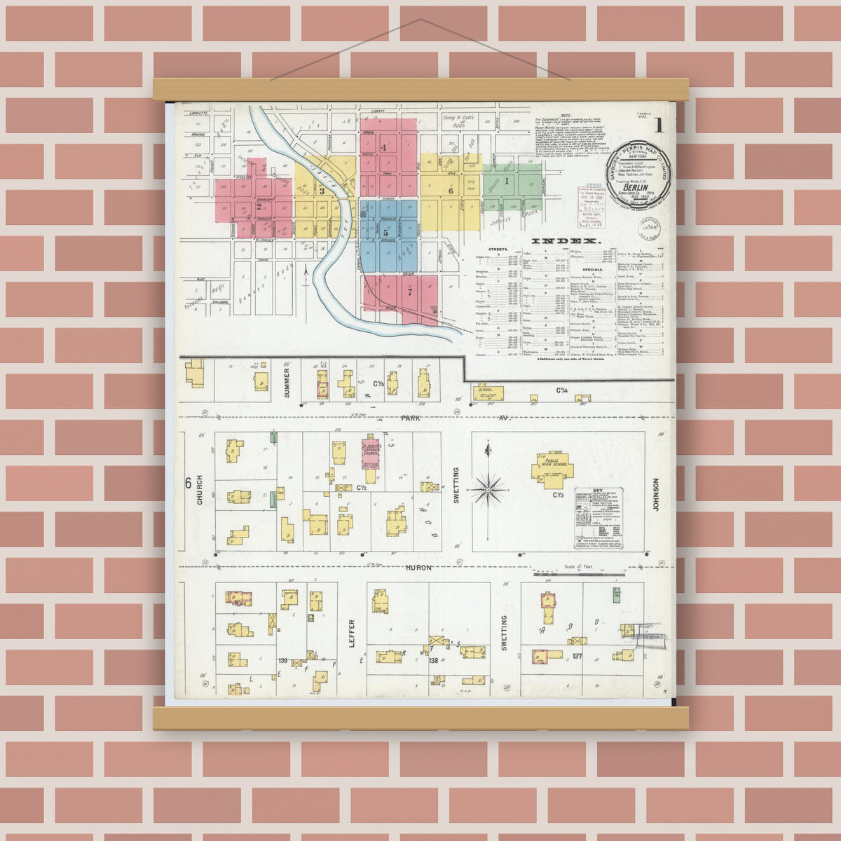 Old map wall art mockup — magnetic wood frame on brick wall — Sanborn Fire Insurance Map from Berlin, Green Lake County, Wisconsin (1900), Sheet #0001