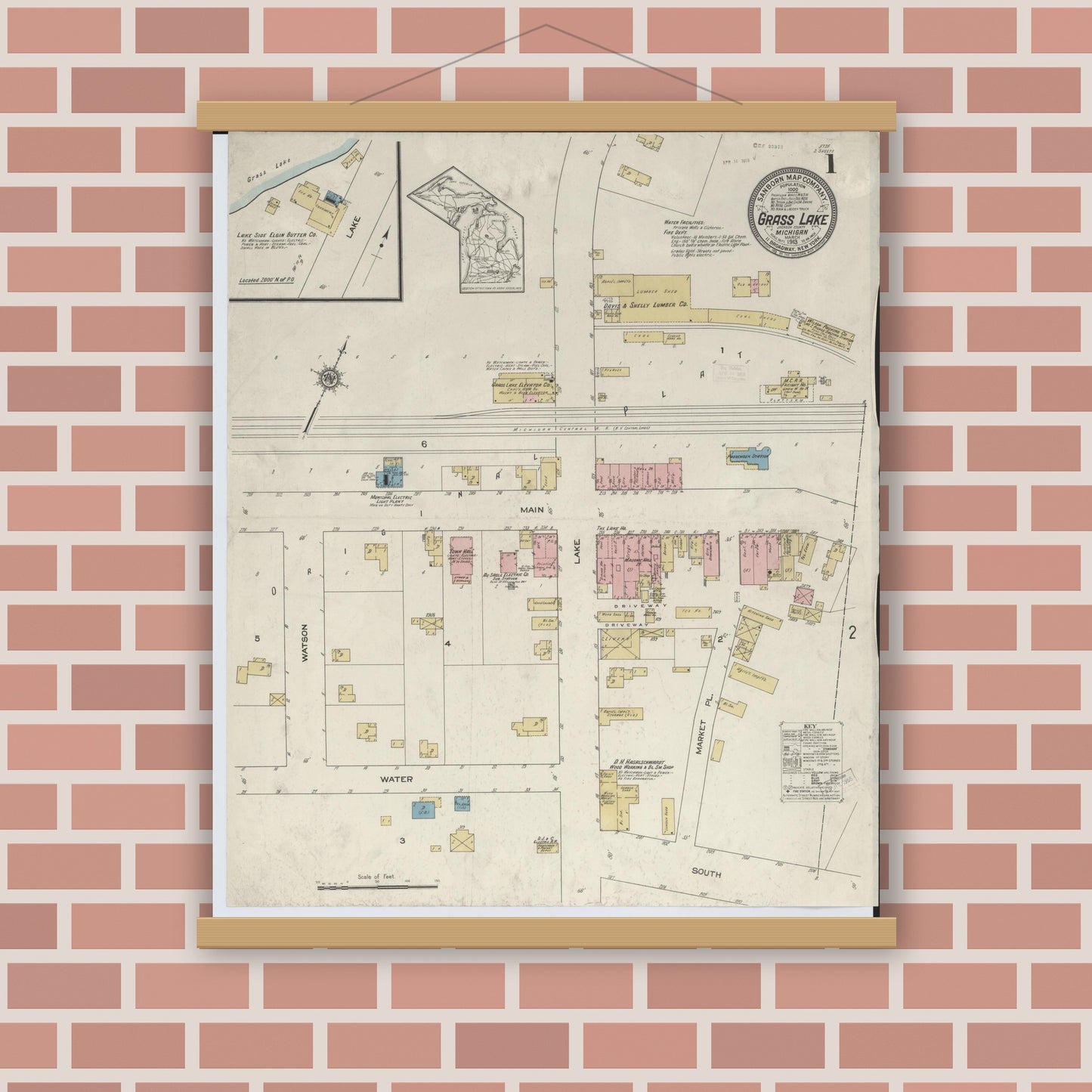 Old map wall art mockup — magnetic wood frame on brick wall — Sanborn Fire Insurance Map from Grass Lake, Jackson County, Michigan (1913) - Complete Map Set