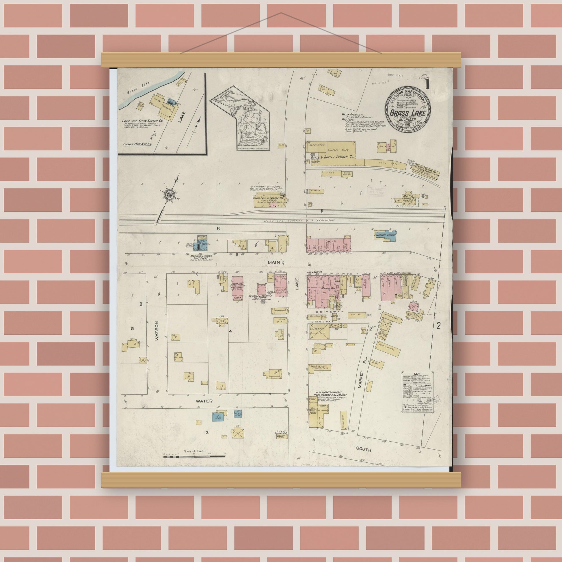 Old map wall art mockup — magnetic wood frame on brick wall — Sanborn Fire Insurance Map from Grass Lake, Jackson County, Michigan (1913) - Complete Map Set