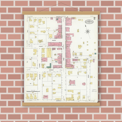 Old map wall art mockup — magnetic wood frame on brick wall — Sanborn Fire Insurance Map from Laurinburg, Scotland County, North Carolina (1909), Sheet #0002