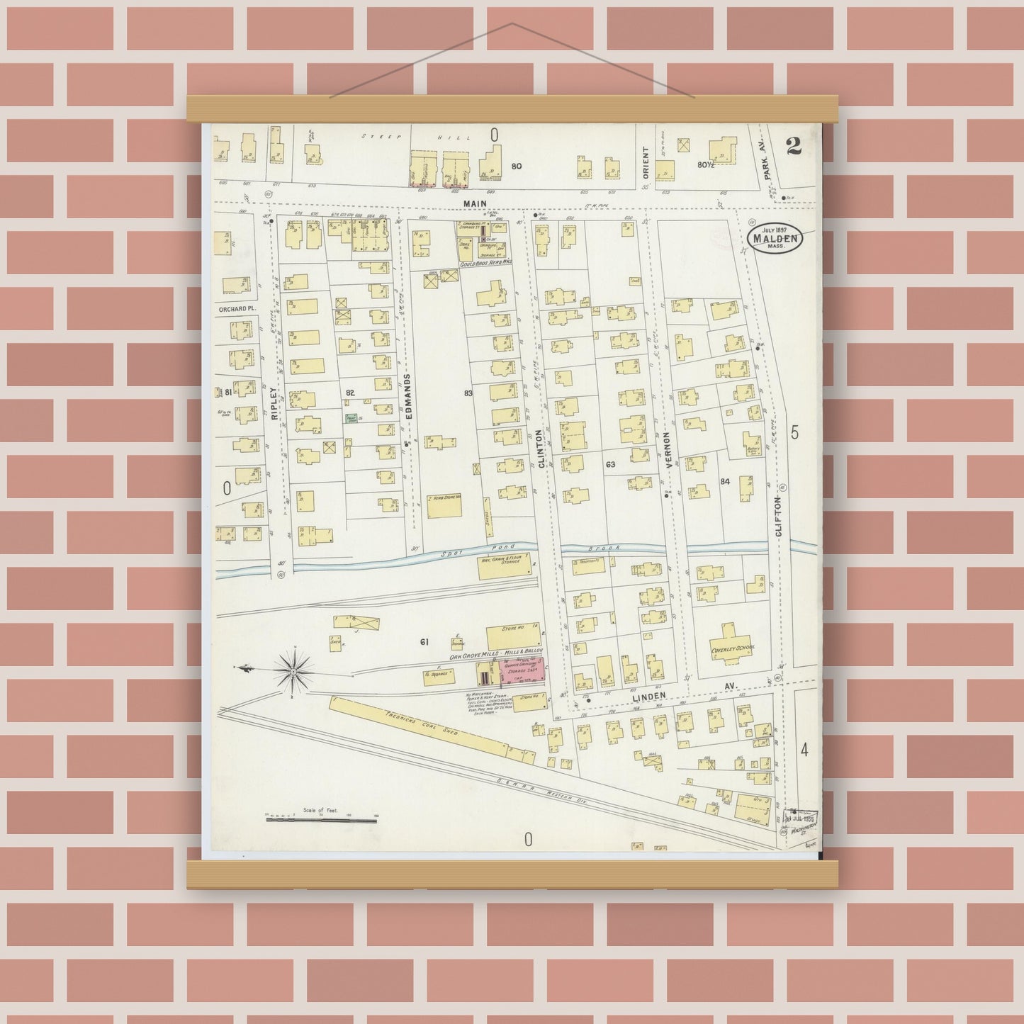 Old map wall art mockup — magnetic wood frame on brick wall — Sanborn Fire Insurance Map from Malden, Middlesex County, Massachusetts (1897), Sheet #0002
