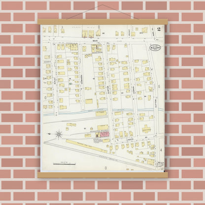 Old map wall art mockup — magnetic wood frame on brick wall — Sanborn Fire Insurance Map from Malden, Middlesex County, Massachusetts (1897), Sheet #0002