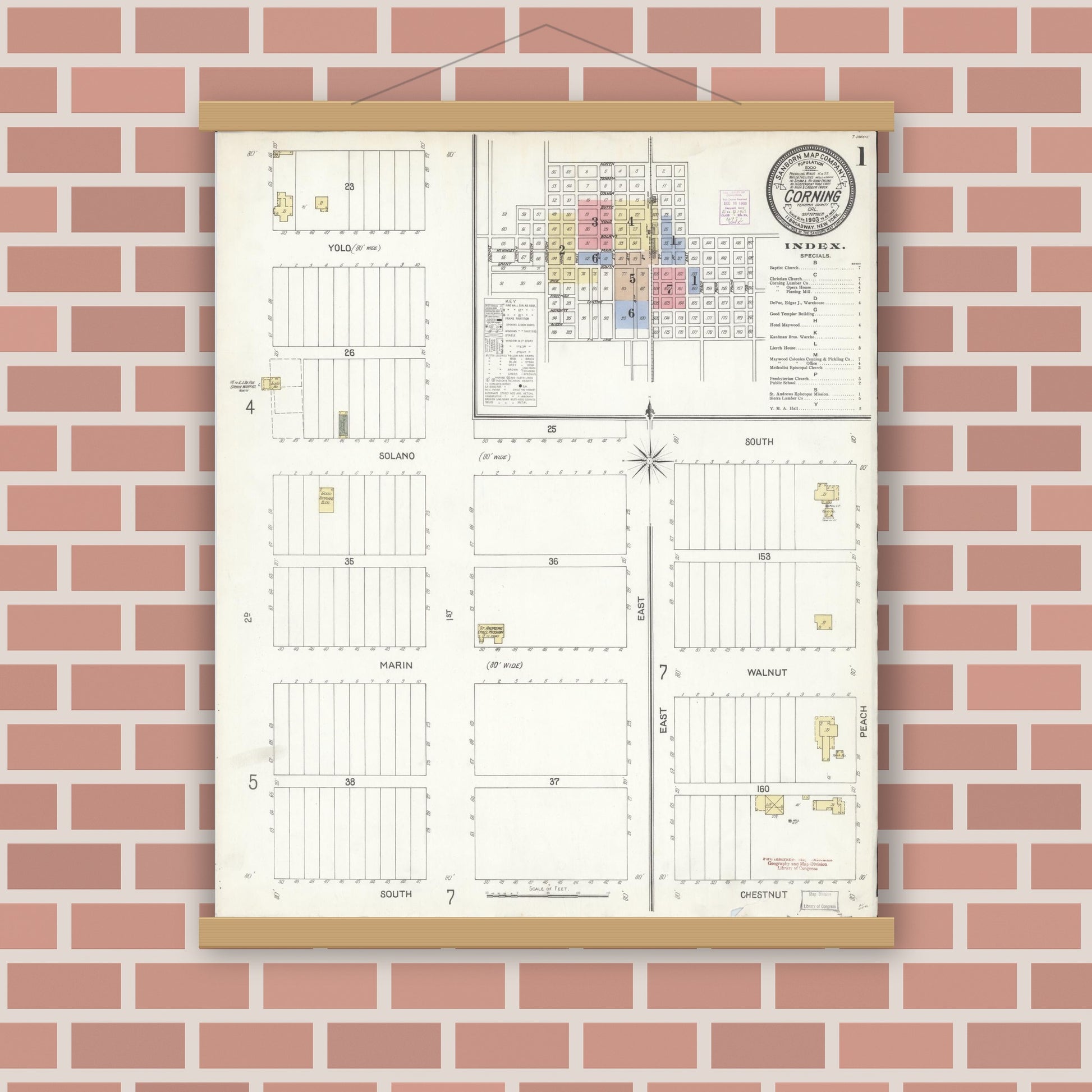Old map wall art mockup — magnetic wood frame on brick wall — Sanborn Fire Insurance Map from Corning, Tehama County, California (1903) - Complete Map Set