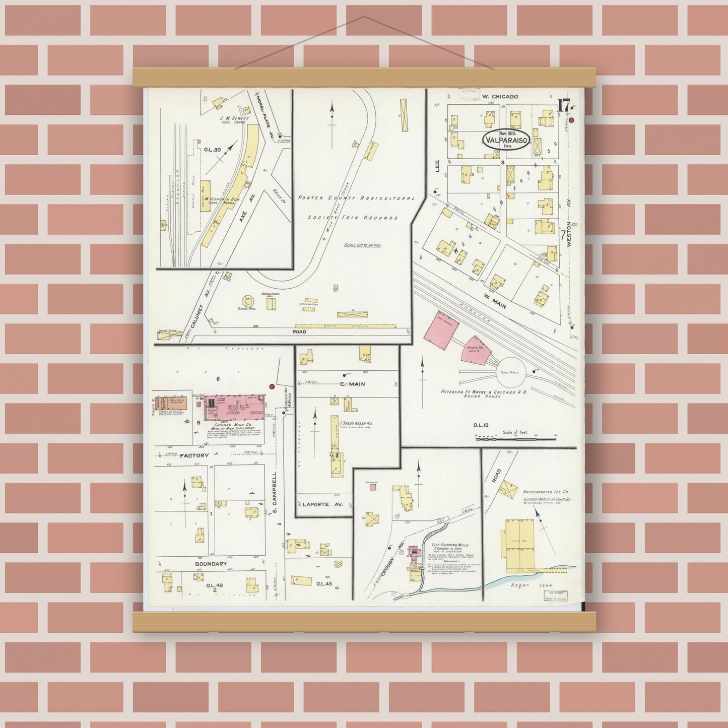 Old map wall art mockup — magnetic wood frame on brick wall — Sanborn Fire Insurance Map from Valparaiso, Porter County, Indiana (1910), Sheet #0017