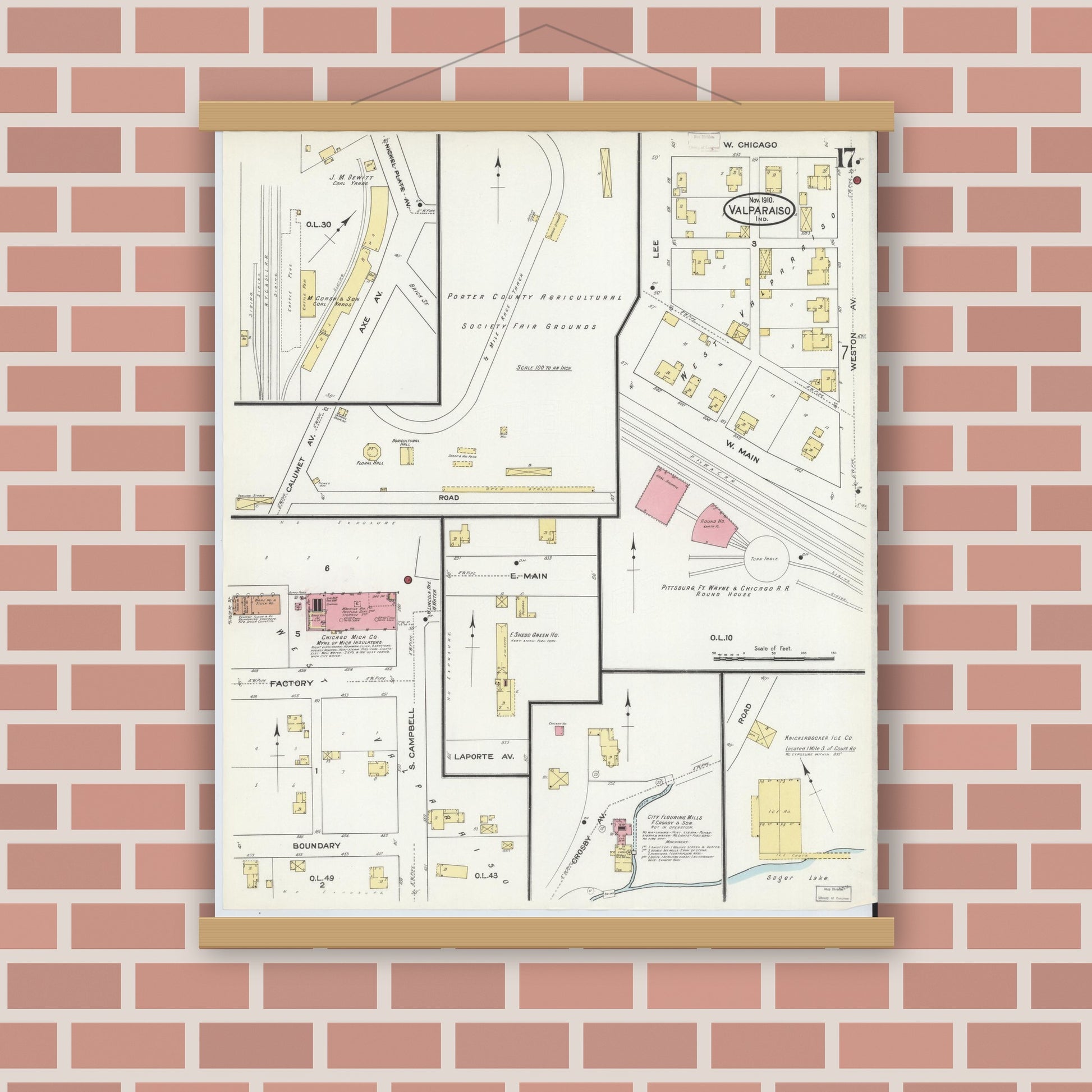Old map wall art mockup — magnetic wood frame on brick wall — Sanborn Fire Insurance Map from Valparaiso, Porter County, Indiana (1910), Sheet #0017
