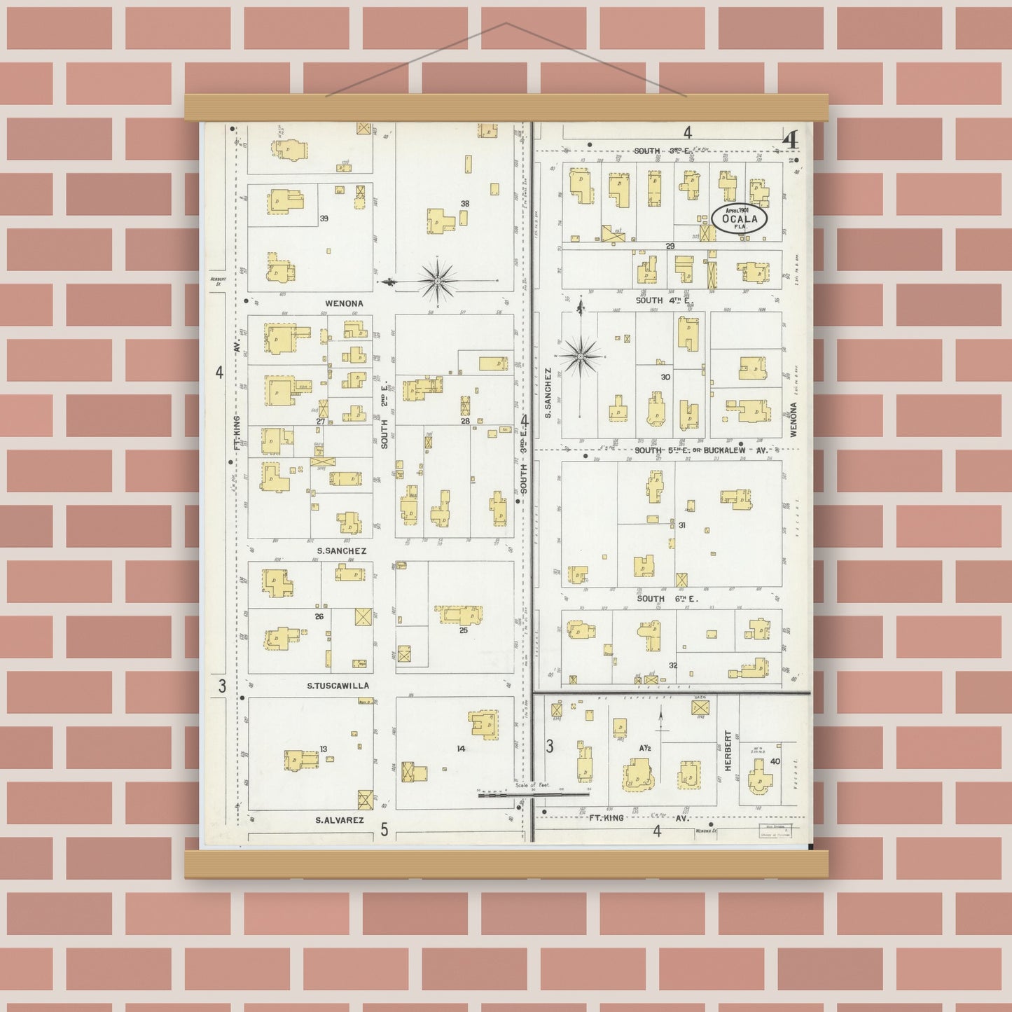 Old map wall art mockup — magnetic wood frame on brick wall — Sanborn Fire Insurance Map from Ocala, Marion County, Florida (1901), Sheet #0004