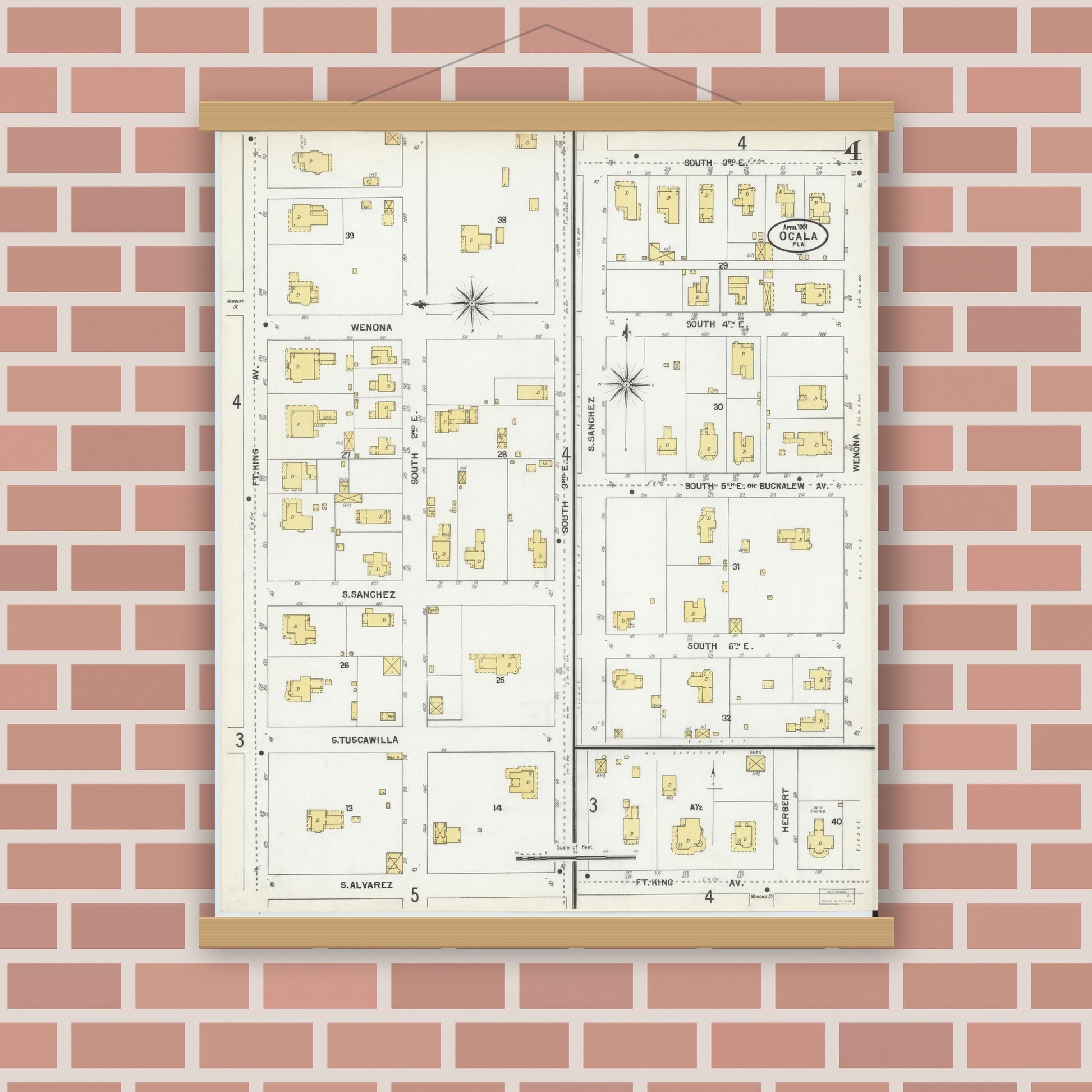 Old map wall art mockup — magnetic wood frame on brick wall — Sanborn Fire Insurance Map from Ocala, Marion County, Florida (1901), Sheet #0004