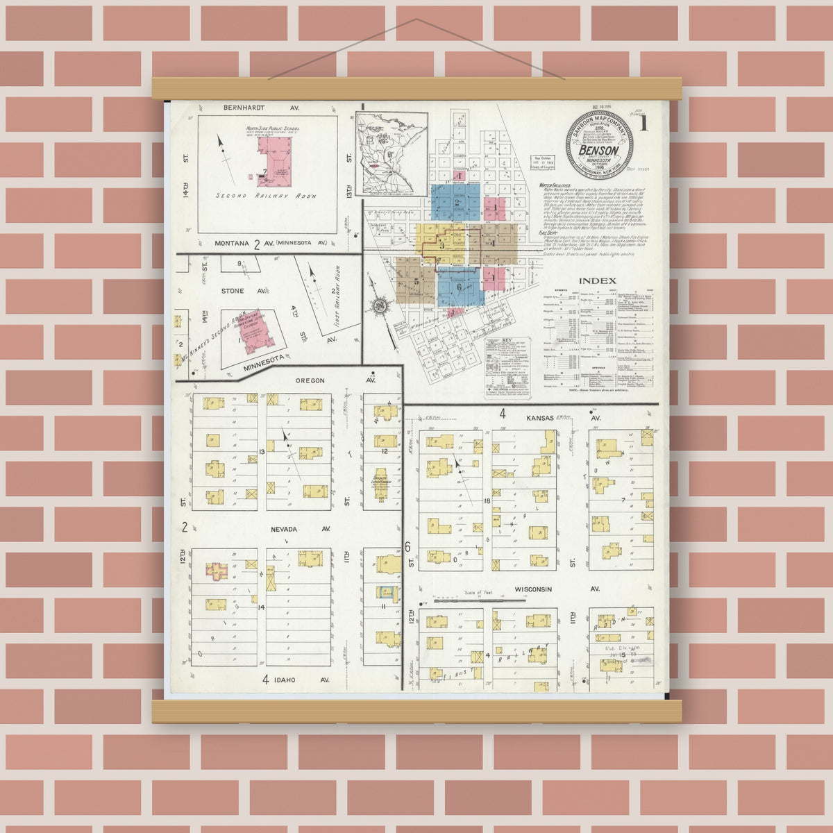 Old map wall art mockup — magnetic wood frame on brick wall — Sanborn Fire Insurance Map from Benson, Swift County, Minnesota (1916) - Complete Map Set