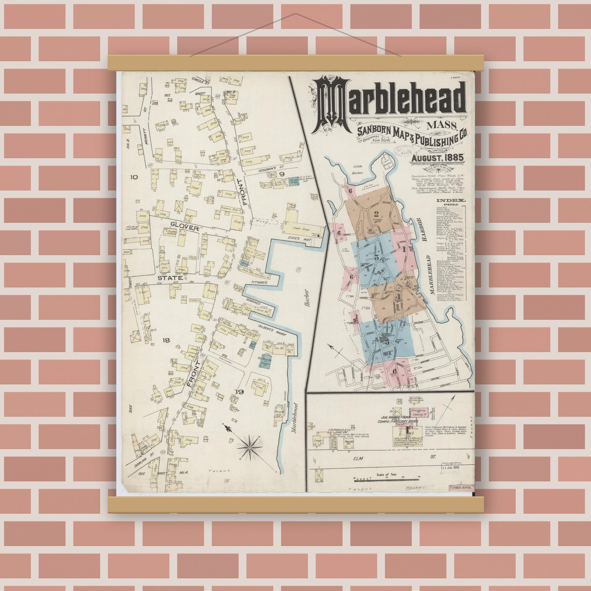 Old map wall art mockup — magnetic wood frame on brick wall — Sanborn Fire Insurance Map from Marblehead, Essex County, Massachusetts (1885) - Complete Map Set