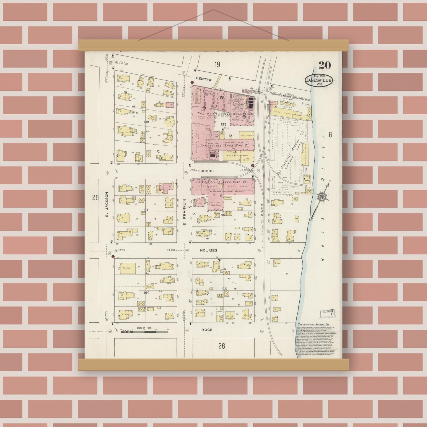 Old map wall art mockup — magnetic wood frame on brick wall — Sanborn Fire Insurance Map from Janesville, Rock County, Wisconsin (1915), Sheet #0020