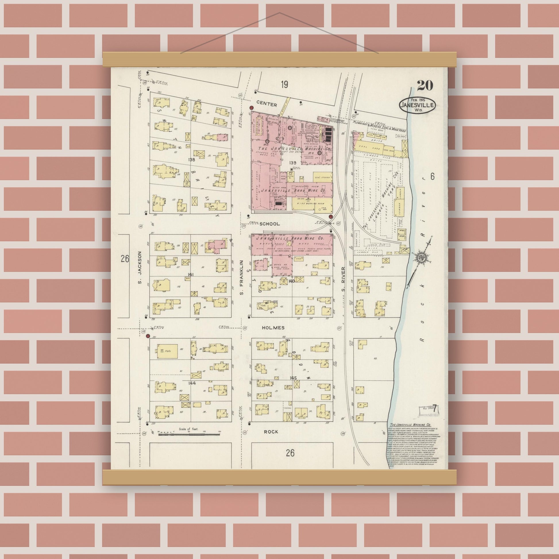 Old map wall art mockup — magnetic wood frame on brick wall — Sanborn Fire Insurance Map from Janesville, Rock County, Wisconsin (1915), Sheet #0020