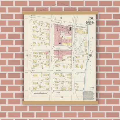 Old map wall art mockup — magnetic wood frame on brick wall — Sanborn Fire Insurance Map from Janesville, Rock County, Wisconsin (1915), Sheet #0020