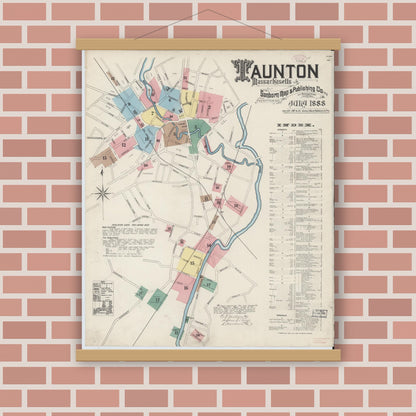 Old map wall art mockup — magnetic wood frame on brick wall — Sanborn Fire Insurance Map from Taunton, Bristol County, Massachusetts (1888), Sheet #0001
