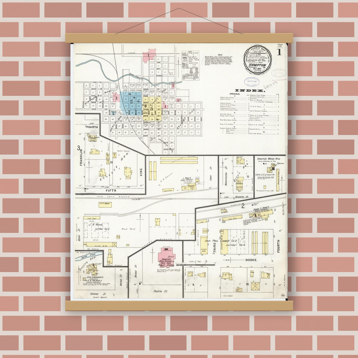 Old map wall art mockup — magnetic wood frame on brick wall — Sanborn Fire Insurance Map from Hampton, Franklin County, Iowa (1897) â€” Complete Set
