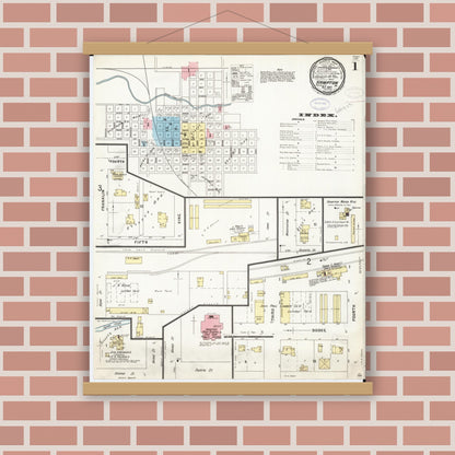 Old map wall art mockup — magnetic wood frame on brick wall — Sanborn Fire Insurance Map from Hampton, Franklin County, Iowa (1897) â€” Complete Set