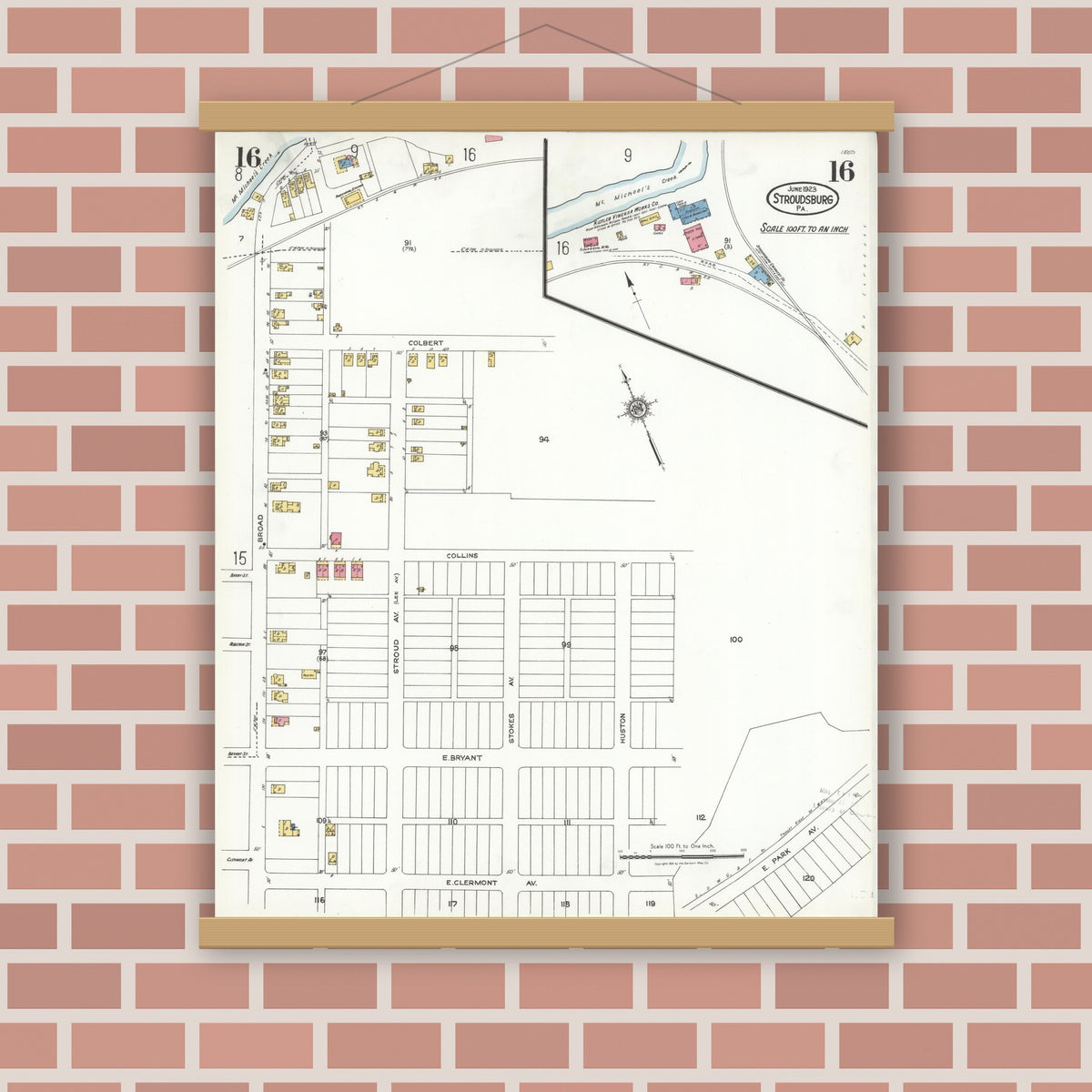 Old map wall art mockup — magnetic wood frame on brick wall — Sanborn Fire Insurance Map from Stroudsburg, Monroe County, Pennsylvania (1923), Sheet #0016