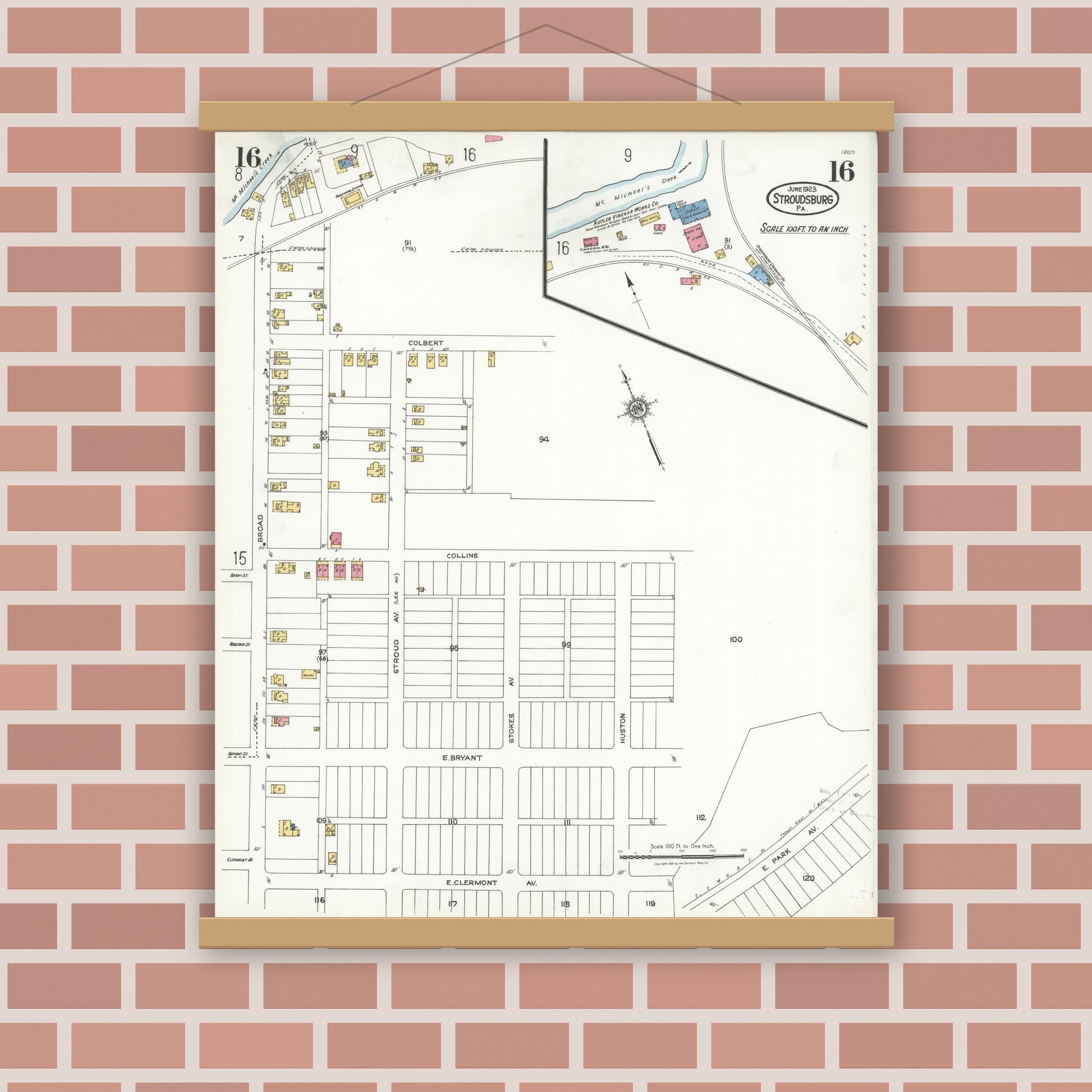 Old map wall art mockup — magnetic wood frame on brick wall — Sanborn Fire Insurance Map from Stroudsburg, Monroe County, Pennsylvania (1923), Sheet #0016