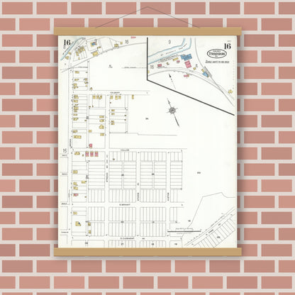 Old map wall art mockup — magnetic wood frame on brick wall — Sanborn Fire Insurance Map from Stroudsburg, Monroe County, Pennsylvania (1923), Sheet #0016