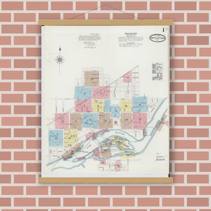 Old map wall art mockup — magnetic wood frame on brick wall — Sanborn Fire Insurance Map from Appleton, Outagamie County, Wisconsin (1891) - Complete Map Set