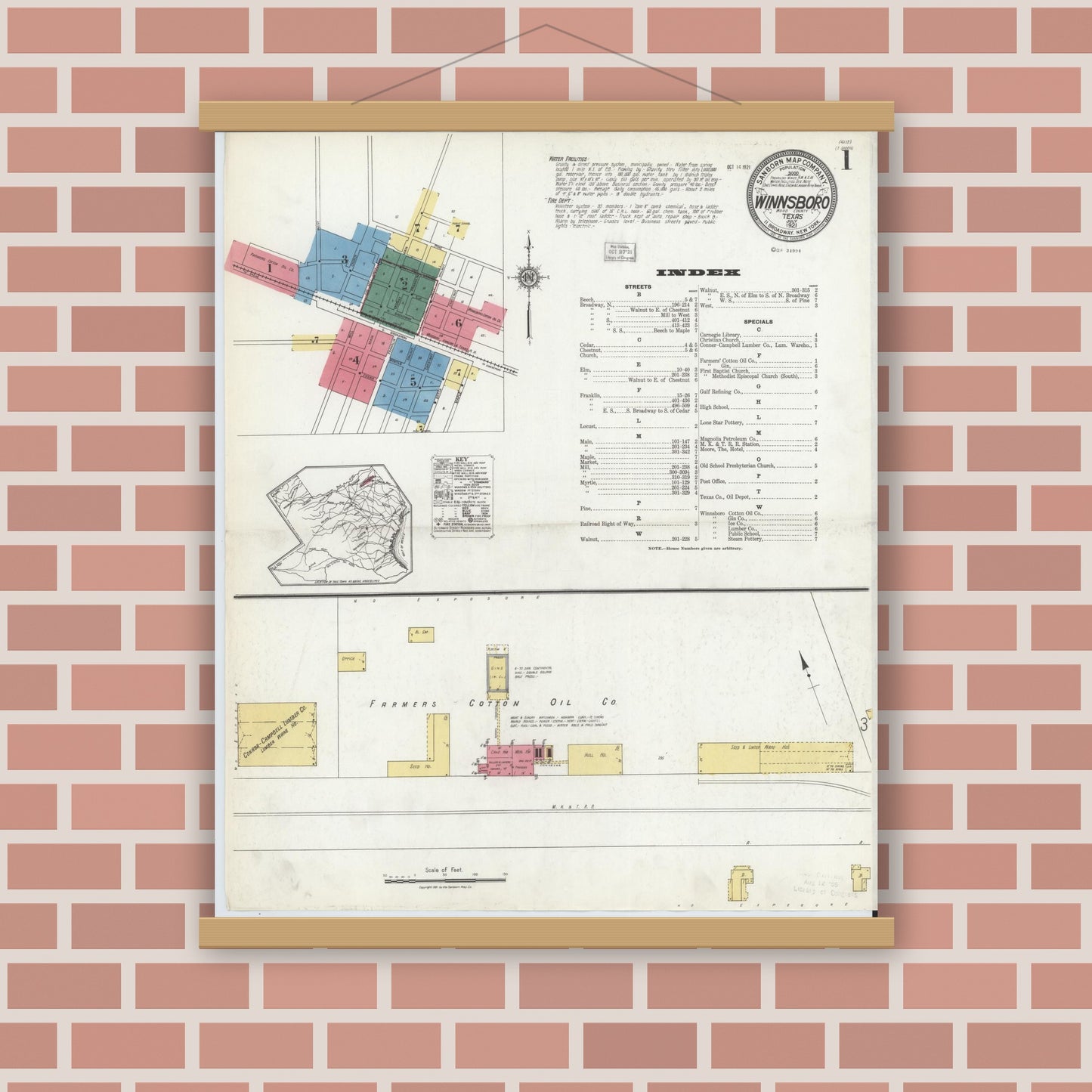 Old map wall art mockup — magnetic wood frame on brick wall — Sanborn Fire Insurance Map from Winnsboro, Wood County, Texas (1921), Sheet #0001