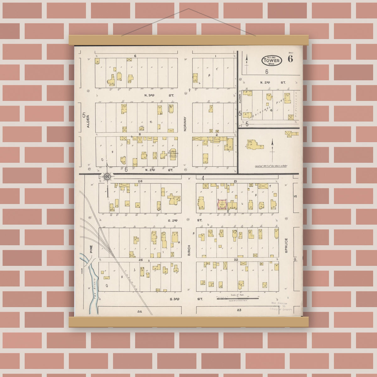 Old map wall art mockup — magnetic wood frame on brick wall — Sanborn Fire Insurance Map from Tower, Saint Louis County, Minnesota (1921), Sheet #0006