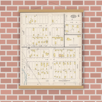 Old map wall art mockup — magnetic wood frame on brick wall — Sanborn Fire Insurance Map from Tower, Saint Louis County, Minnesota (1921), Sheet #0006