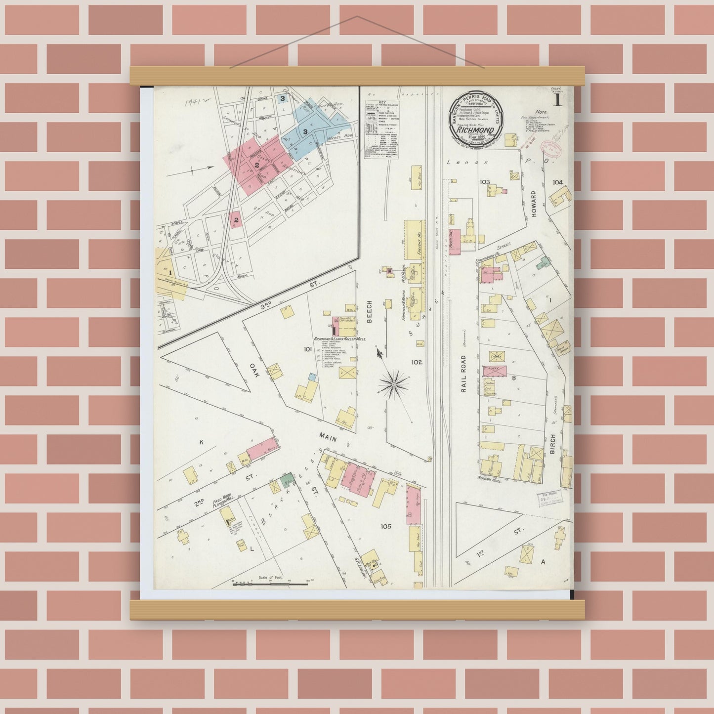 Old map wall art mockup — magnetic wood frame on brick wall — Sanborn Fire Insurance Map from Richmond, Macomb County, Michigan (1895) - Complete Map Set