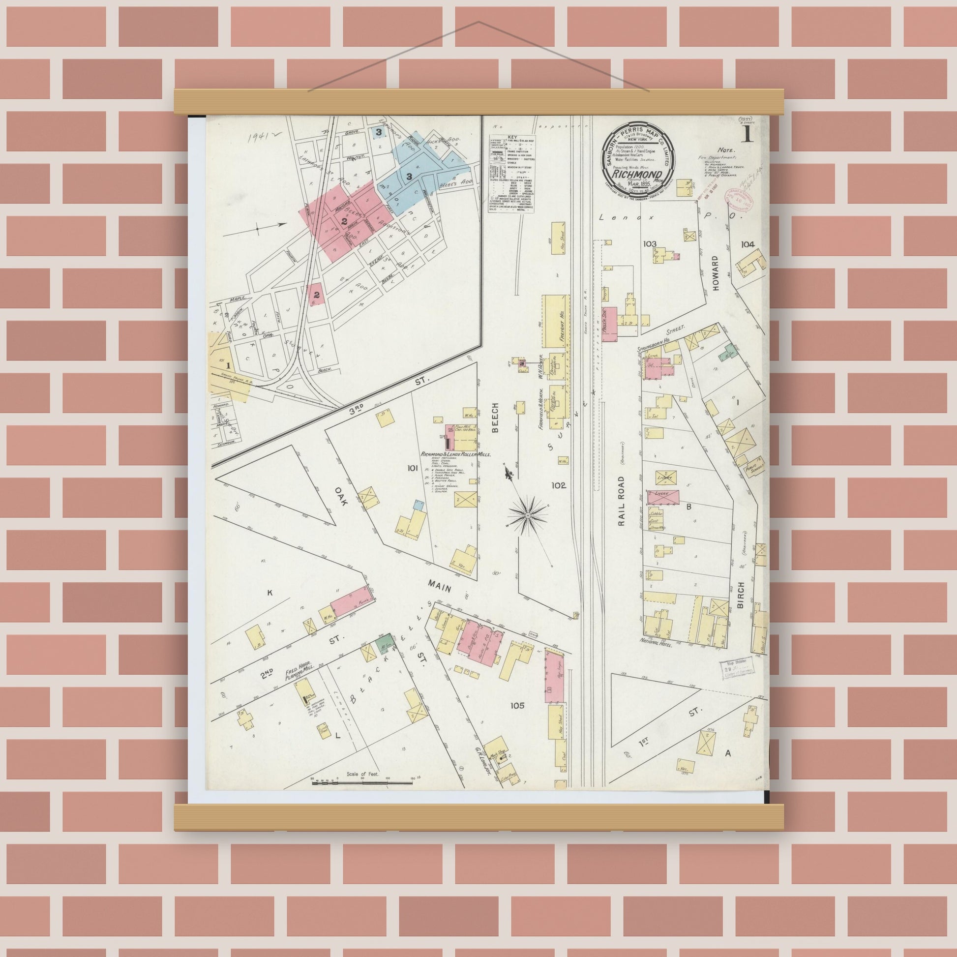 Old map wall art mockup — magnetic wood frame on brick wall — Sanborn Fire Insurance Map from Richmond, Macomb County, Michigan (1895) - Complete Map Set