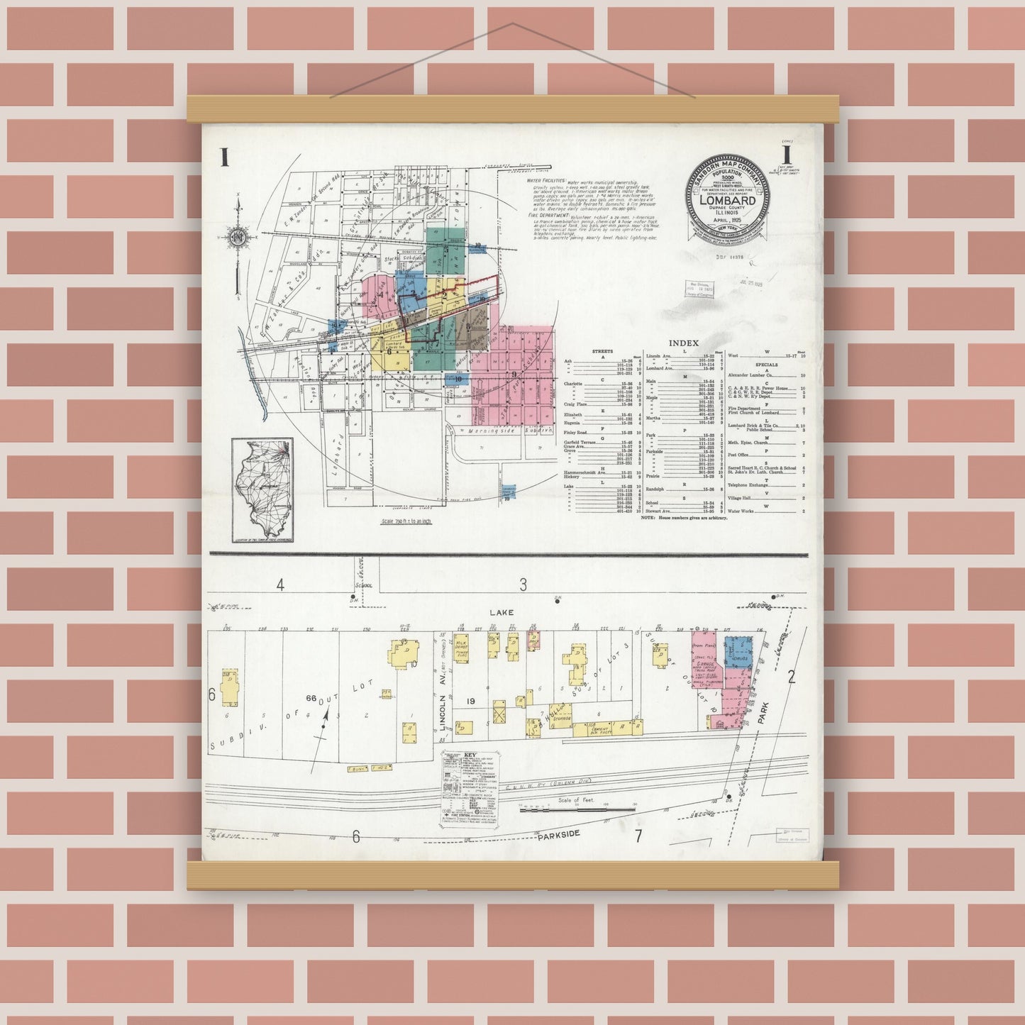Old map wall art mockup — magnetic wood frame on brick wall — Sanborn Fire Insurance Map from Lombard, Du Page County, Illinois (1925), Sheet #0001