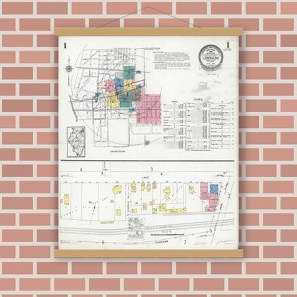 Old map wall art mockup — magnetic wood frame on brick wall — Sanborn Fire Insurance Map from Lombard, Du Page County, Illinois (1925), Sheet #0001